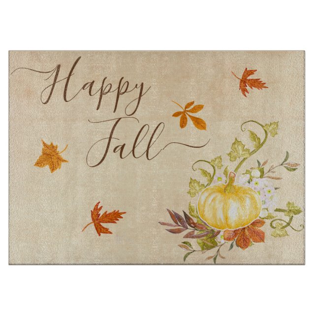 Happy Fall | Autumn Leaves and Pumpkin Cutting Board (Front)