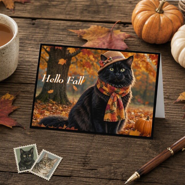 Happy Fall Autumn Leaves Black Cat in a Hat   Card (Creator Uploaded)