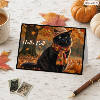 Happy Fall Autumn Leaves Black Cat in a Hat Card