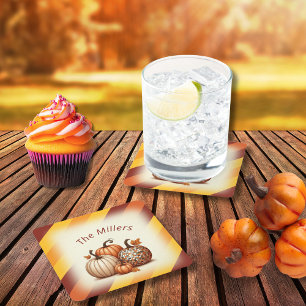 Happy Fall Autumn stripped pattern personalized Square Paper Coaster