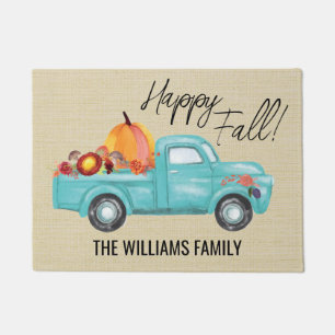 Happy Fall Blue Truck Family Name Pumpkins Doormat