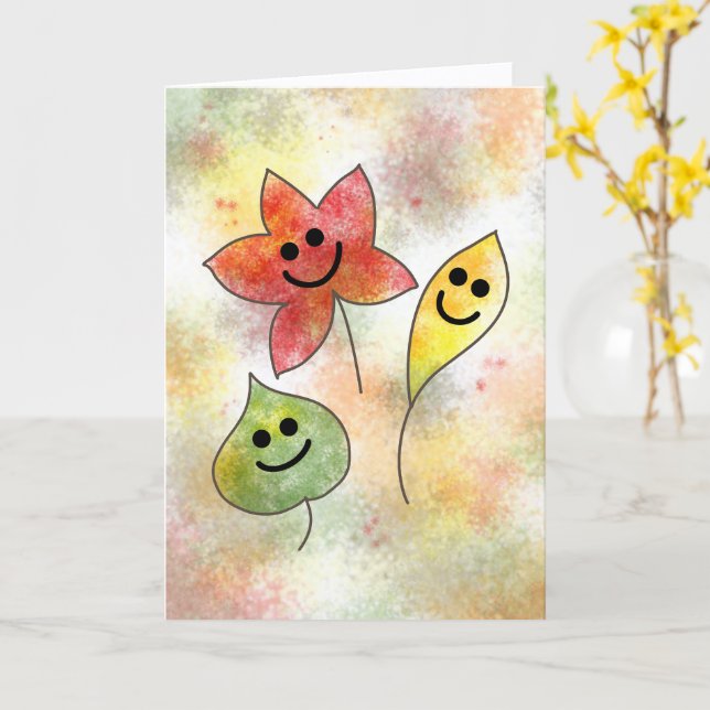 Happy Fall Card with Smiling Autumn Leaves         (Yellow Flower)