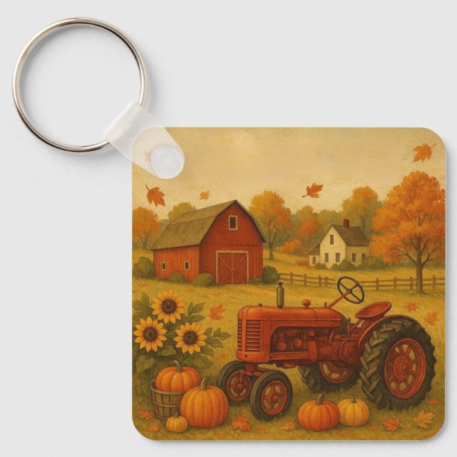 Happy fall classic tractor and farm keychain (Front)