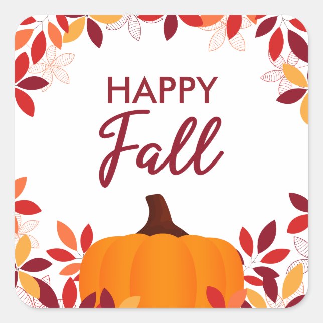 Happy Fall Cute Colourful Leaves Pumpkin Frame Square Sticker (Front)