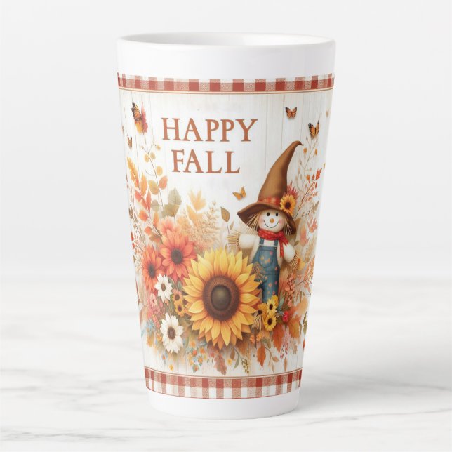 Happy Fall Cute Folk Art Scarecrow and Autumn  Latte Mug (Front)