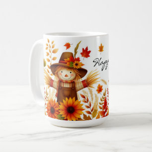 Happy Fall Cute Scarecrow and Autumn Foliage Coffee Mug