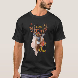 Happy Fall Deer Autumn Maple Leaves Flower Thanksg T-Shirt
