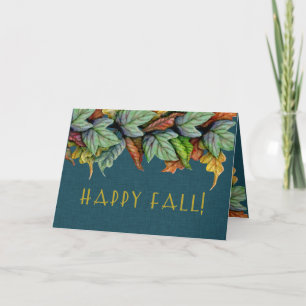 Happy Fall!, Fall Leaves on Dark Teal Linen Look Card