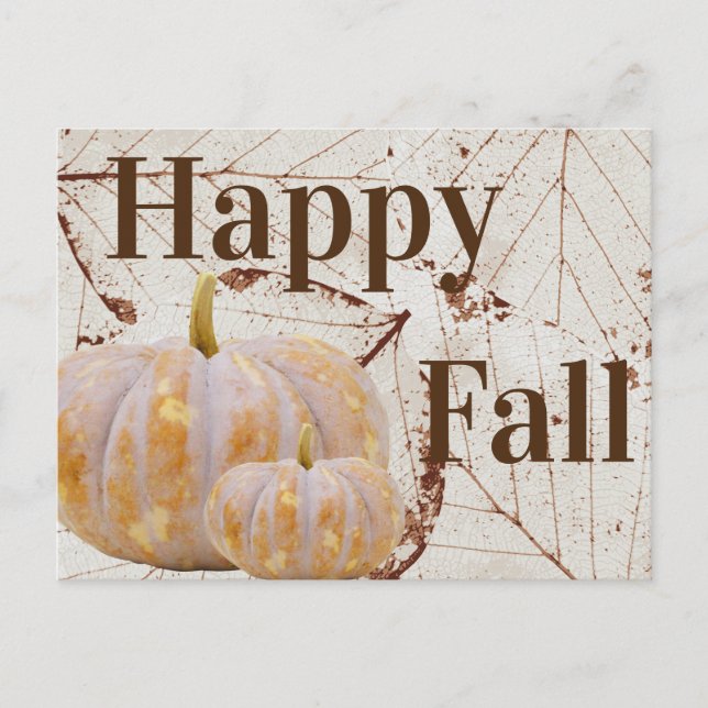 Happy Fall Harvest White Leaves & Pumpkins Postcard (Front)