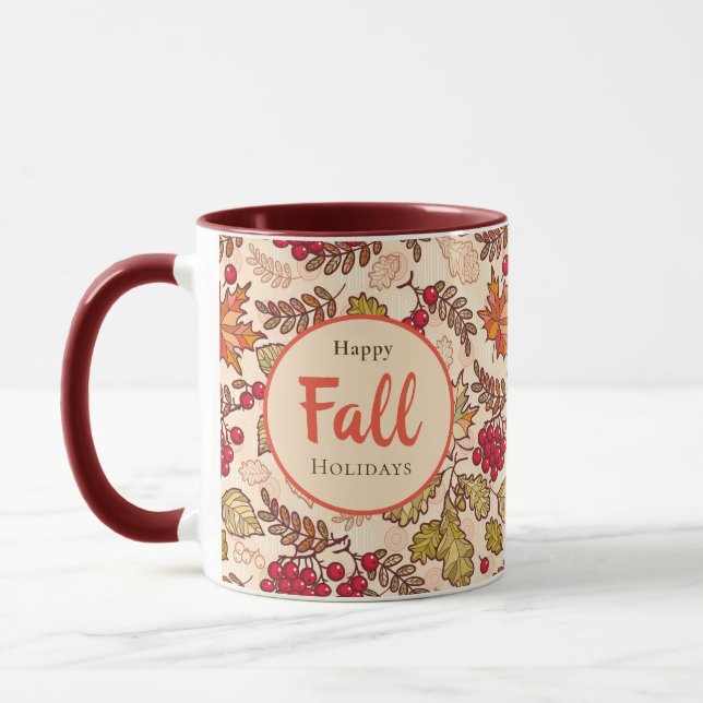 Happy Fall Holidays Autumn Leaves Red Berries Mug (Left)