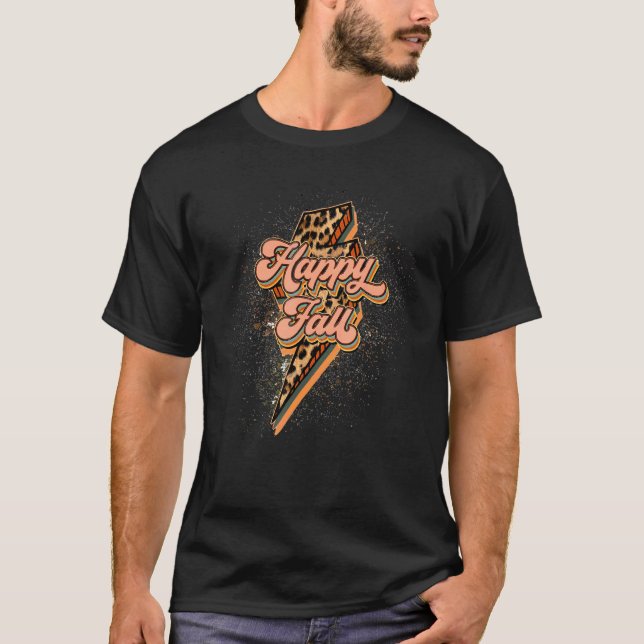 Happy Fall Lightning Bolt Leopard  Hello Fall Autu T-Shirt (Front)