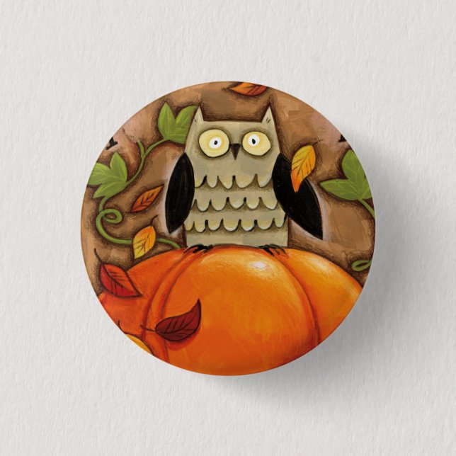 Happy Fall Owl and Pumpkin 1 Inch Round Button (Front)