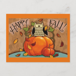 Happy Fall Owl and Pumpkin Postcard