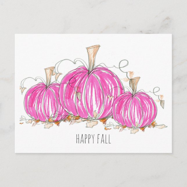 Happy Fall Pink Pumpkins Leaves Watercolor Postcard (Front)