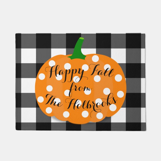 Happy Fall Pumpkin and Gingham Door Mat (Front)