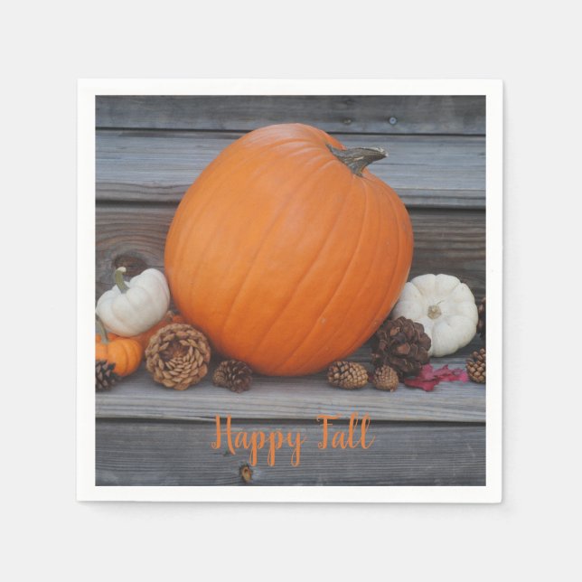 Happy Fall Pumpkin and Pine Cones Paper Napkin (Front)