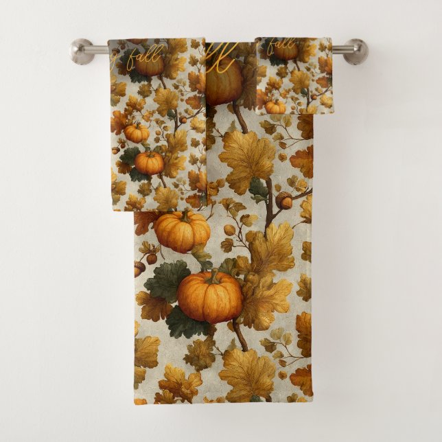 Happy Fall Pumpkin Leaves Design Bath Towel Set (Insitu)