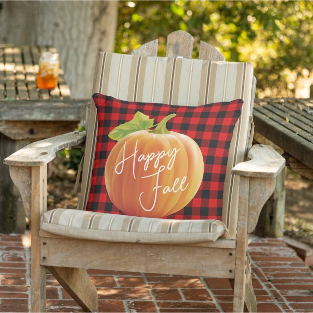 Happy Fall Pumpkin On Red Black Check Pattern Outdoor Pillow (Chair)
