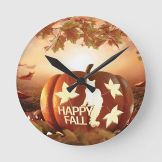 Happy Fall Pumpkin With Cat & Leaves Wall Clock