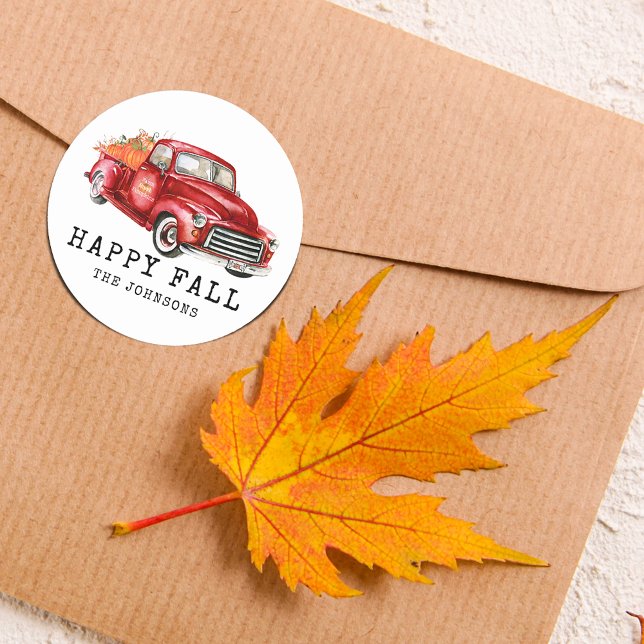 Happy Fall Red Truck Pumpkins Classic Round Sticker (Happy Fall Red Truck Pumpkins Classic Round Sticker)