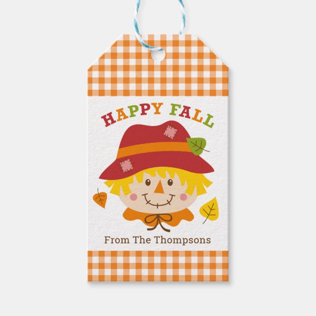 Happy Fall Scarecrow Boy Personalized Gift Tag (Front)