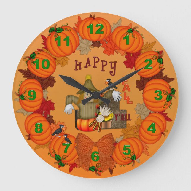 Happy Fall Scarecrow Pumpkins-Round Wall Clock (Front)