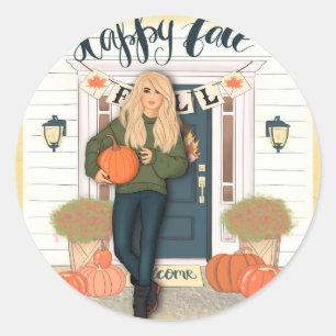 Happy Fall Scene Classic Round Sticker