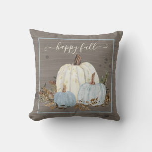 Happy Fall Script Blue White Pumpkin Rustic Leaves Throw Pillow