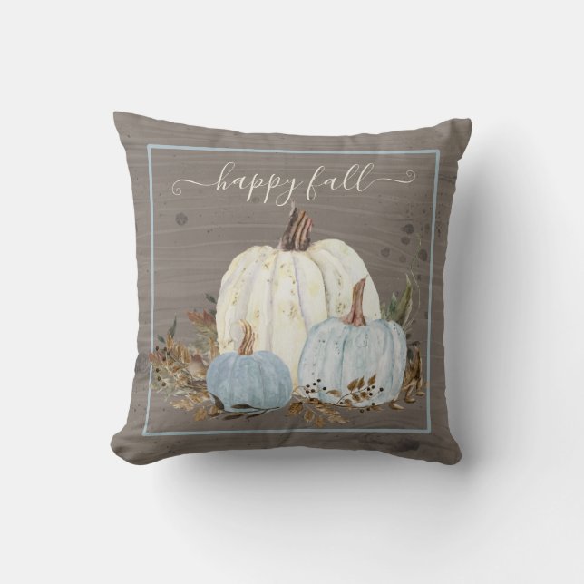Happy Fall Script Blue White Pumpkin Rustic Leaves Throw Pillow (Front)
