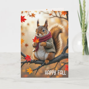 Happy Fall Squirrel Holding a Maple Leaf Card