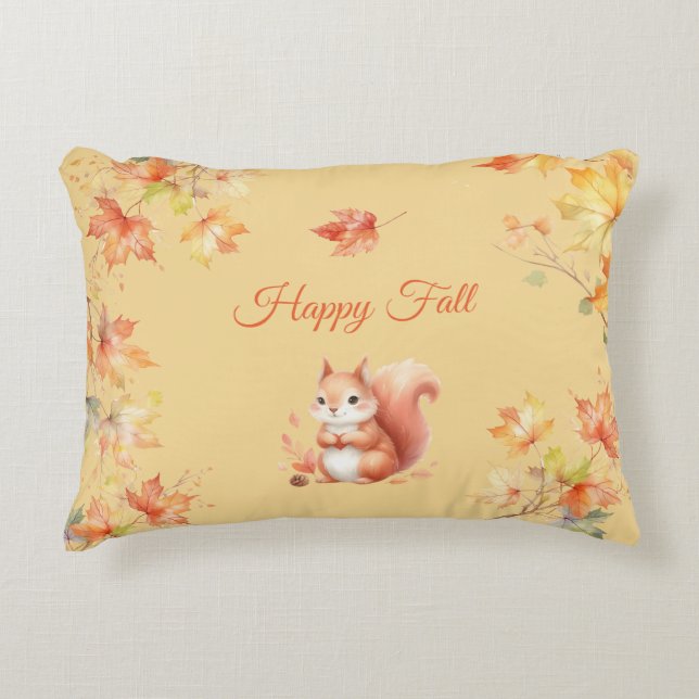 Happy Fall Squirrel in Leaves Accent Pillow (Front)