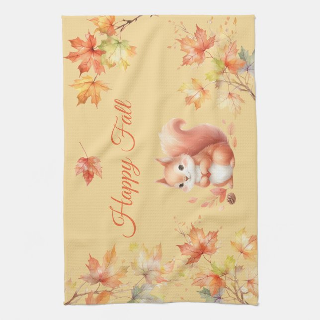 Happy Fall Squirrel in Leaves Kitchen Towel (Vertical)