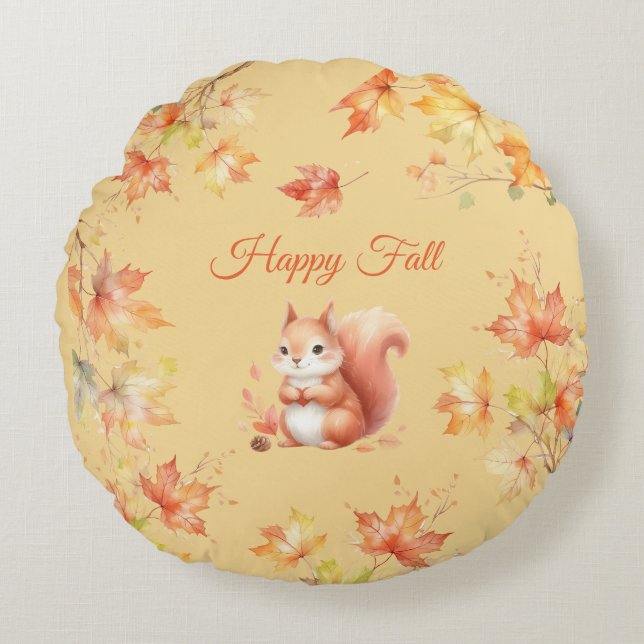 Happy Fall Squirrel in Leaves Round Pillow (Front)