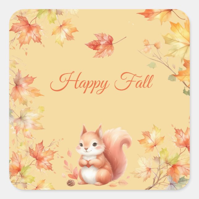 Happy Fall Squirrel in Leaves Square Sticker (Front)