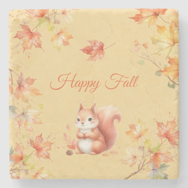 Happy Fall Squirrel in Leaves Stone Coaster (Front)