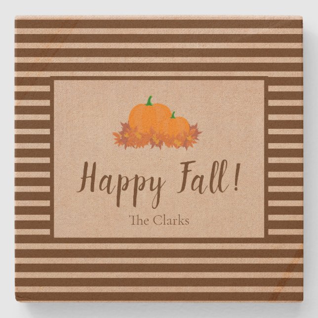 Happy Fall Striped Family Last Name Pumpkin Stone Coaster (Front)