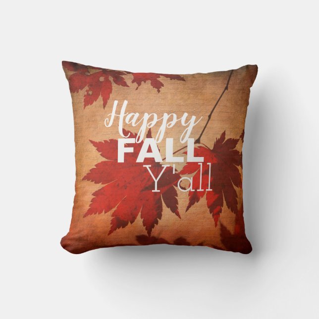 Happy Fall Y’all Autumn Leaves Typography Throw Pillow (Front)