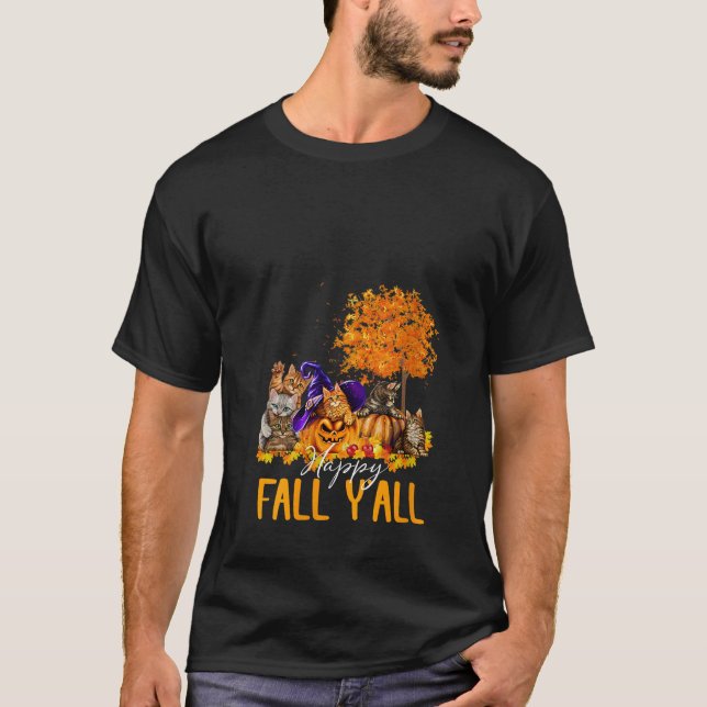 Happy Fall Y all Cats Lover Autumn Pumpkin Maple H T-Shirt (Front)