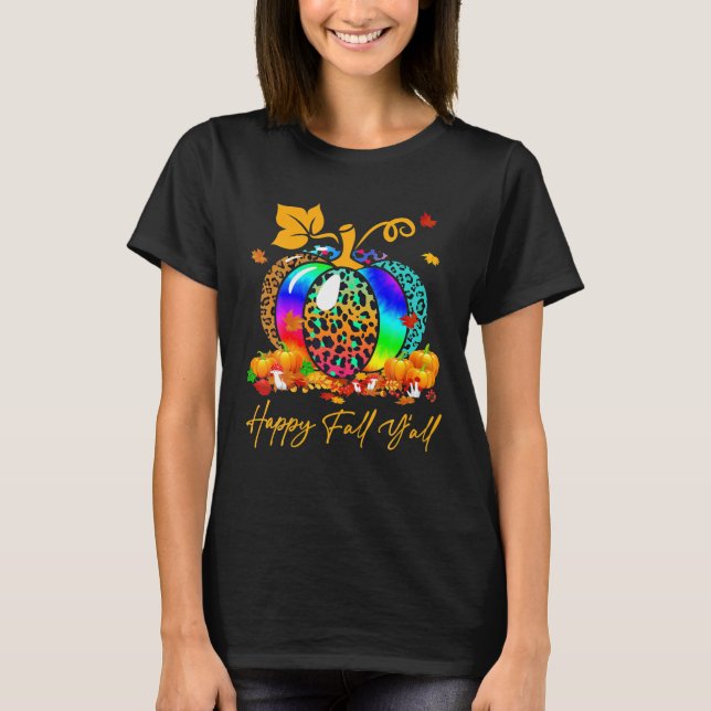 Happy Fall Y All Cute Leopard Rainbow Pumpkin T-Shirt (Front)