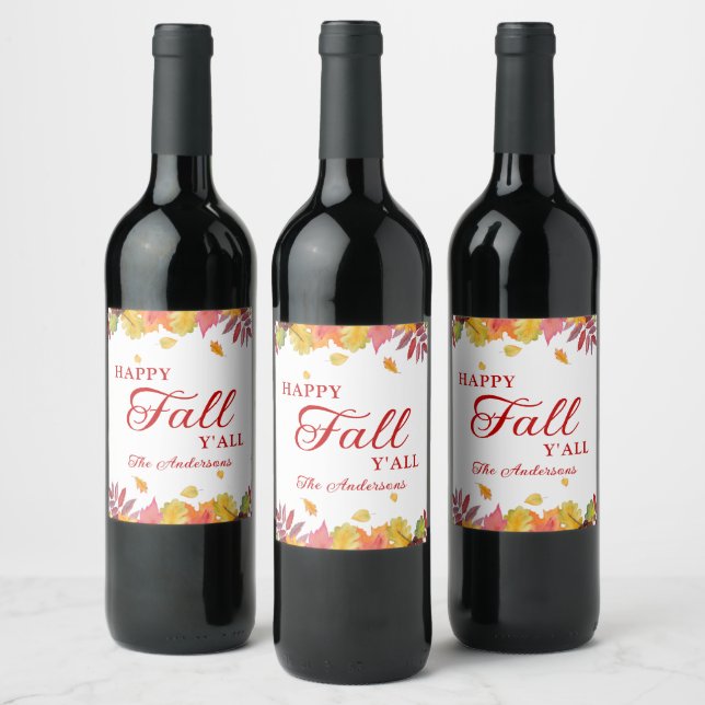 Happy Fall Y'all Autumn Leaves Wine Label (Bottles)