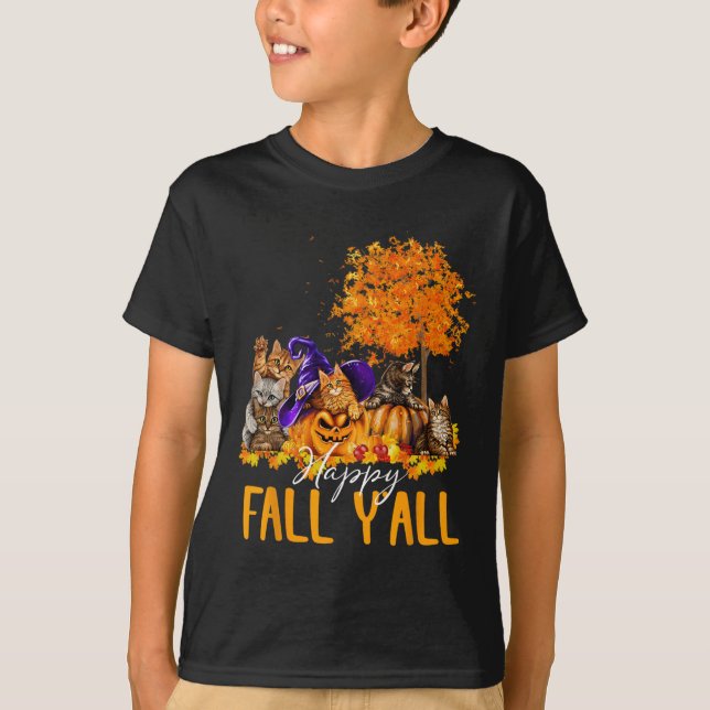Happy Fall Y'all Cats Lover Autumn Pumpkin Maple H T-Shirt (Front)