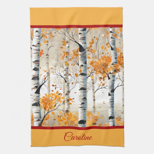 Happy Fall Y'All - Colourful Birch Tree Foliage Kitchen Towel (Vertical)