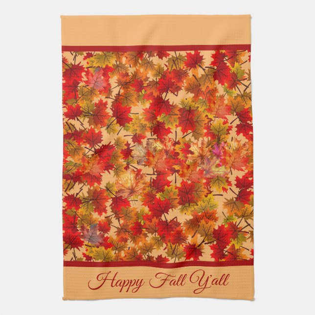 Happy Fall Y'All - Colourful Maple Leaves Foliage Kitchen Towel (Vertical)