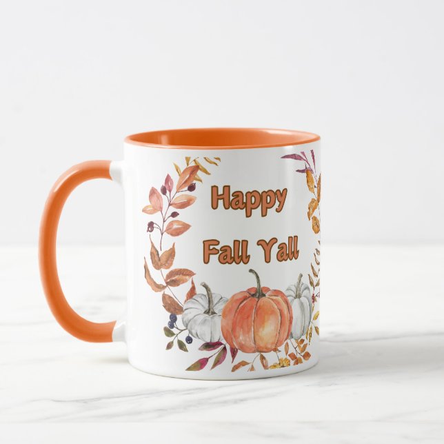 Happy Fall Y'all: Cozy Autumn Pumpkin and Leaves Mug (Left)