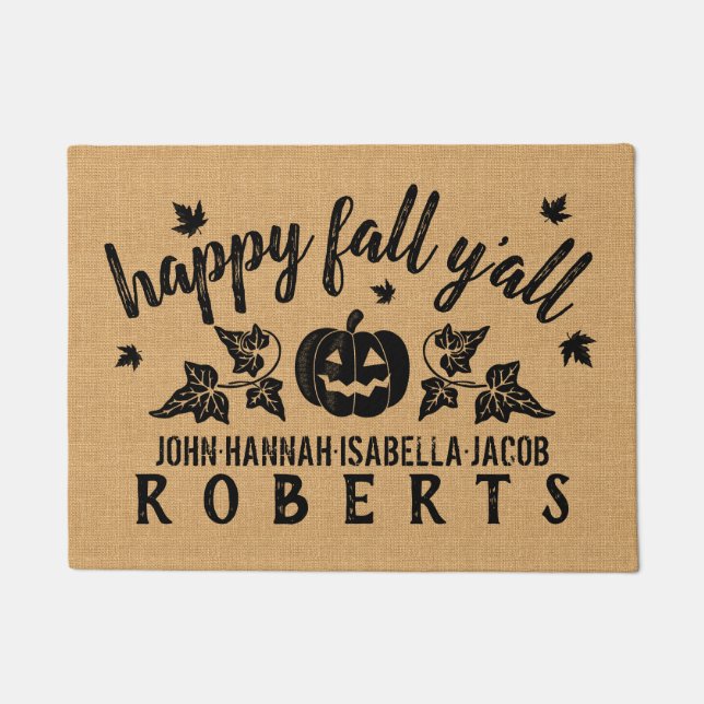 Happy Fall Y'all Custom Rustic Burlap Pumpkin Leaf Doormat (Front)