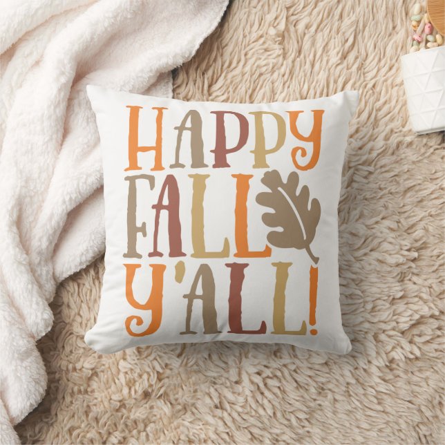 Happy Fall Y'all Cute Quote Saying in Fall Colours Throw Pillow (Blanket)