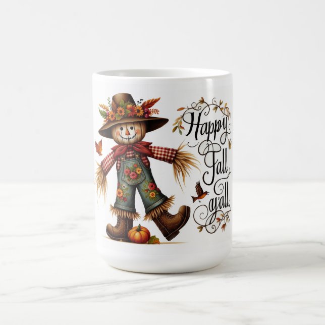 Happy Fall Yall Cute Scarecrow and Autumn Foliage Coffee Mug (Center)