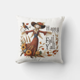 Happy Fall Ya'll Cute Scarecrow and Autumn Foliage Throw Pillow