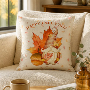 Happy Fall Y'all Gnome Leaf and Acorn Throw Pillow