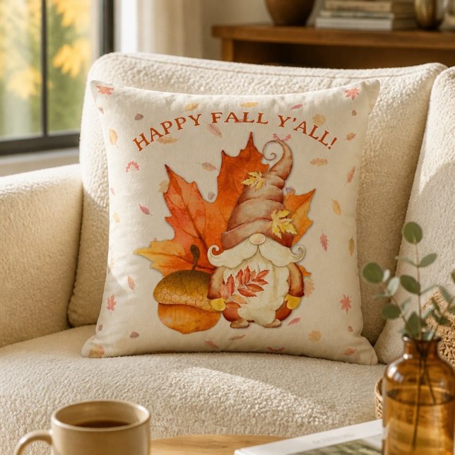 Happy Fall Y'all Gnome Leaf and Acorn Throw Pillow (Creator Uploaded)